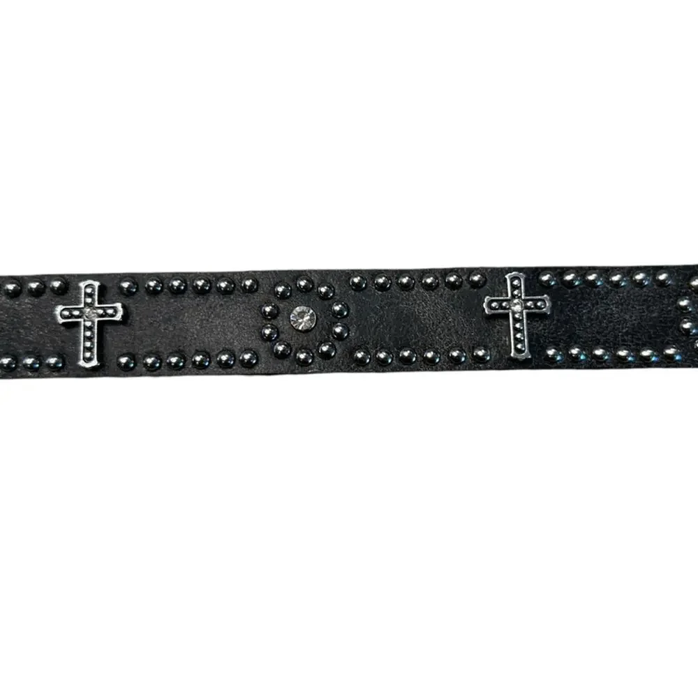 Nocona Boots Western Black & Silver Leather Belt  Silver Studs and Cross Trim 28